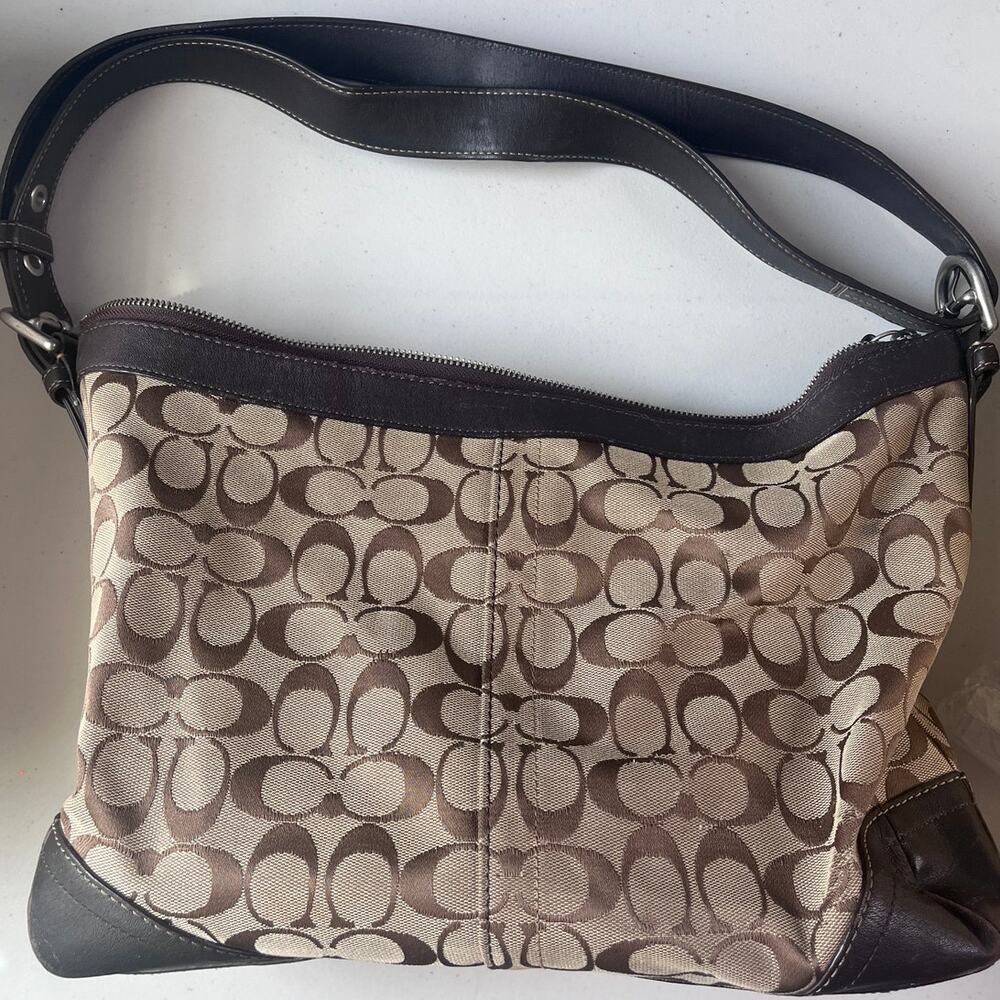 Coach Signature Jacquard Shoulder Bag Brown Tan Canvas Leather Trim Zip Top